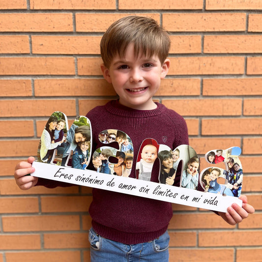 Niño sujetando la palabra MAMÁ en 3D con fotos y base con dedicatoria