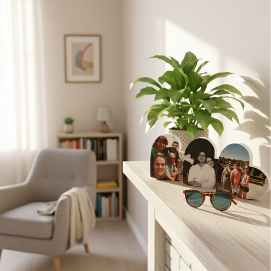 Pack de corazones con fotos sobre un mueble del salón