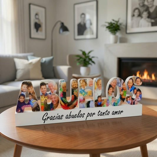 Letrero ABUELOS con fotos de los nietos y base con dedicatoria