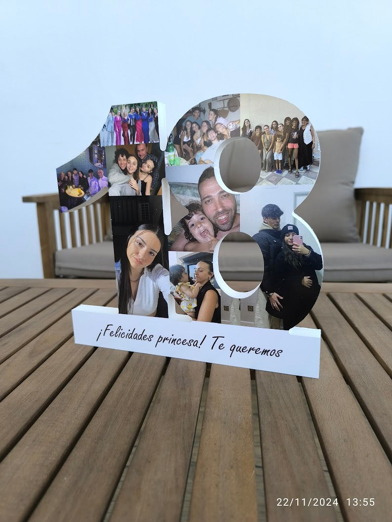 Número 18 con fotos y base con dedicatoria
