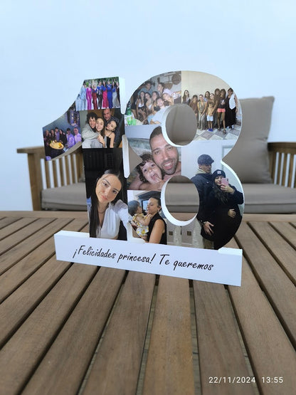 Número 18 con fotos y base con dedicatoria