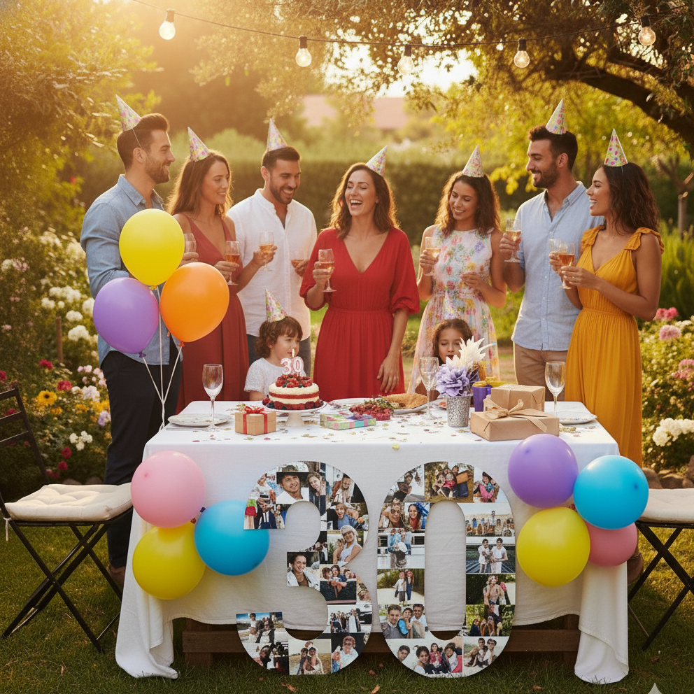Número 30 con fotografías, cifras sueltas, en una fiesta de cumpleaños - Picletters