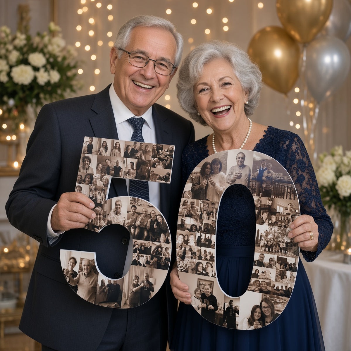 Regalo para 50 aniversario de boda con número 50 personalizado con fotos de familiares y momentos especiales.