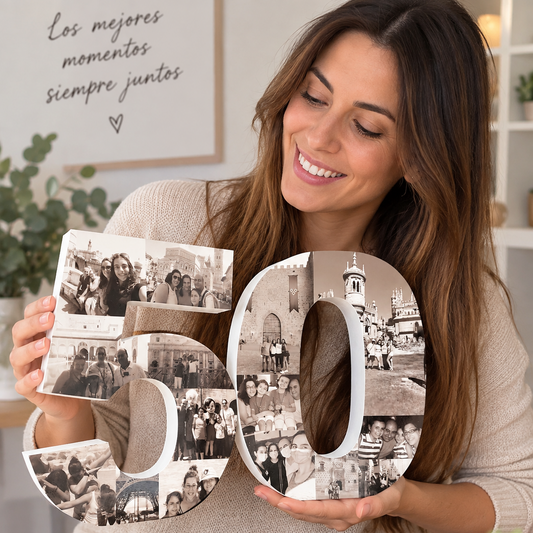 Mujer mostrando un número 50 personalizado con fotos, regalo original para cumpleaños de 50 años