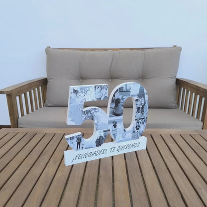 Número decorativo con tus fotos - Cifras unidas a la base con dedicatoria